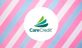 CareCredit logo on trans flag pattern background