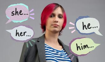 A trans person with speech bubbles floating around them, containing the pronouns 