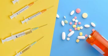 Side by side of syringes on a yellow background and assorted pills on a blue background
