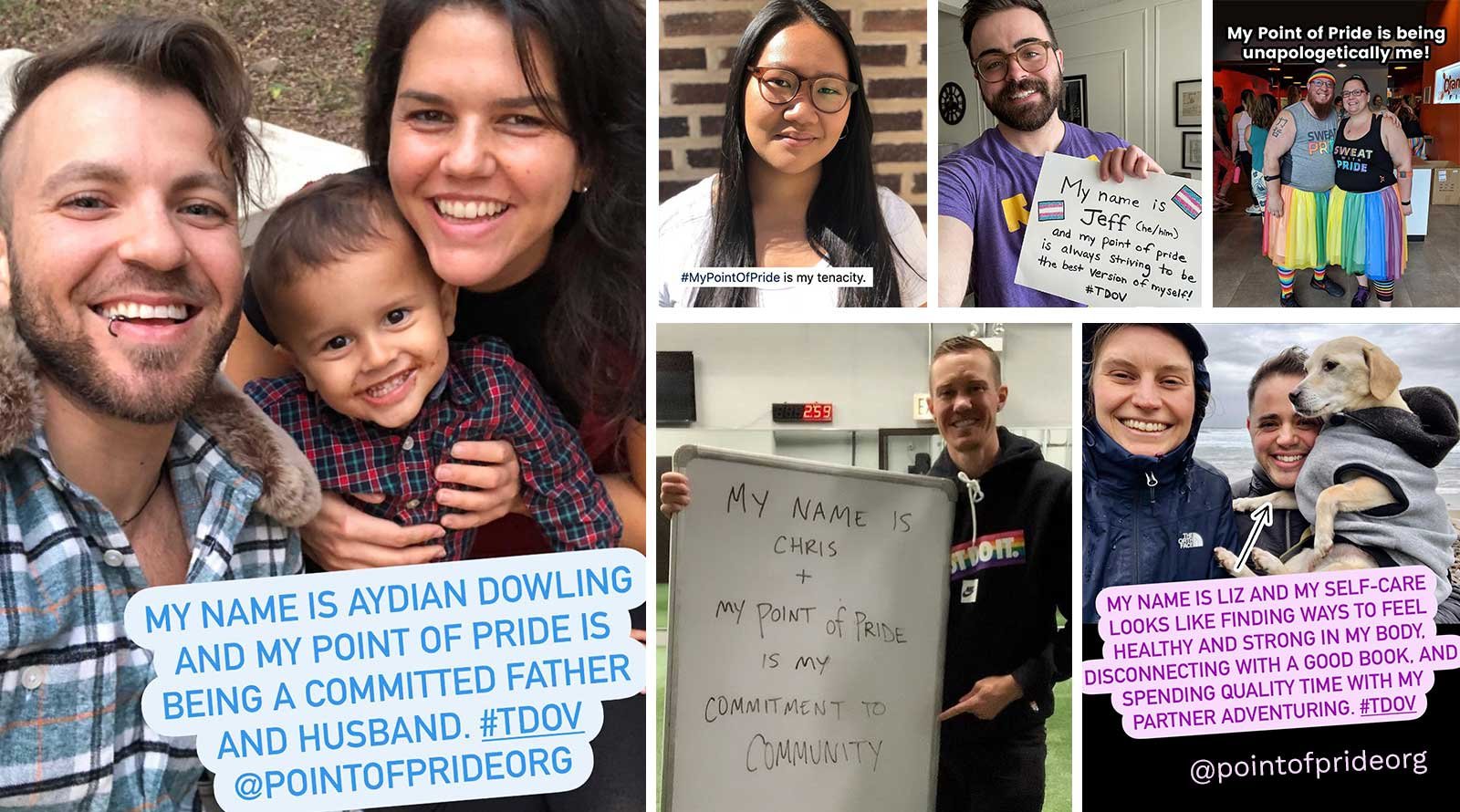 Collage of various trans people holding signs or with text overlays with one of the TDOV slogans