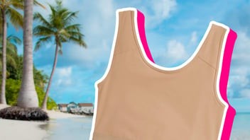 Collage of chest binder in front of beach