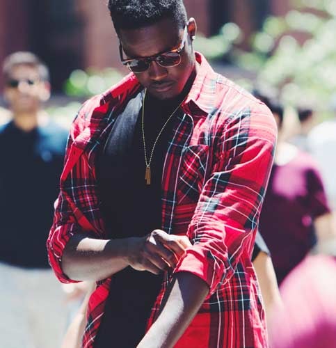 Outfit featuring a red plaid button up over a black undershirt