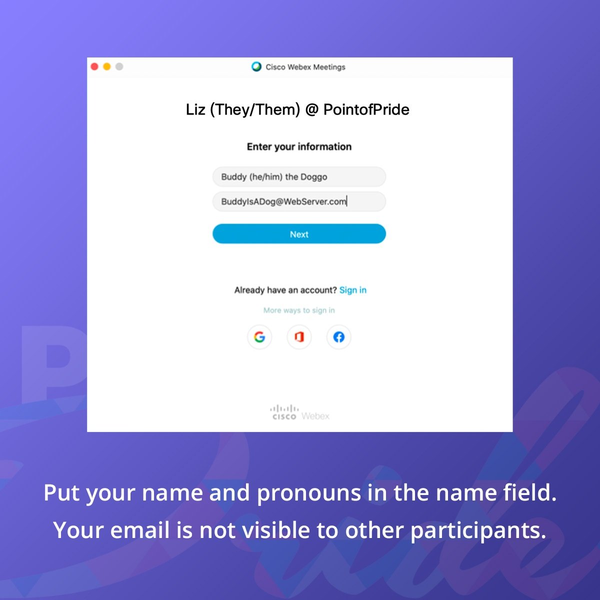 When joining, put your name and pronouns in the name field.