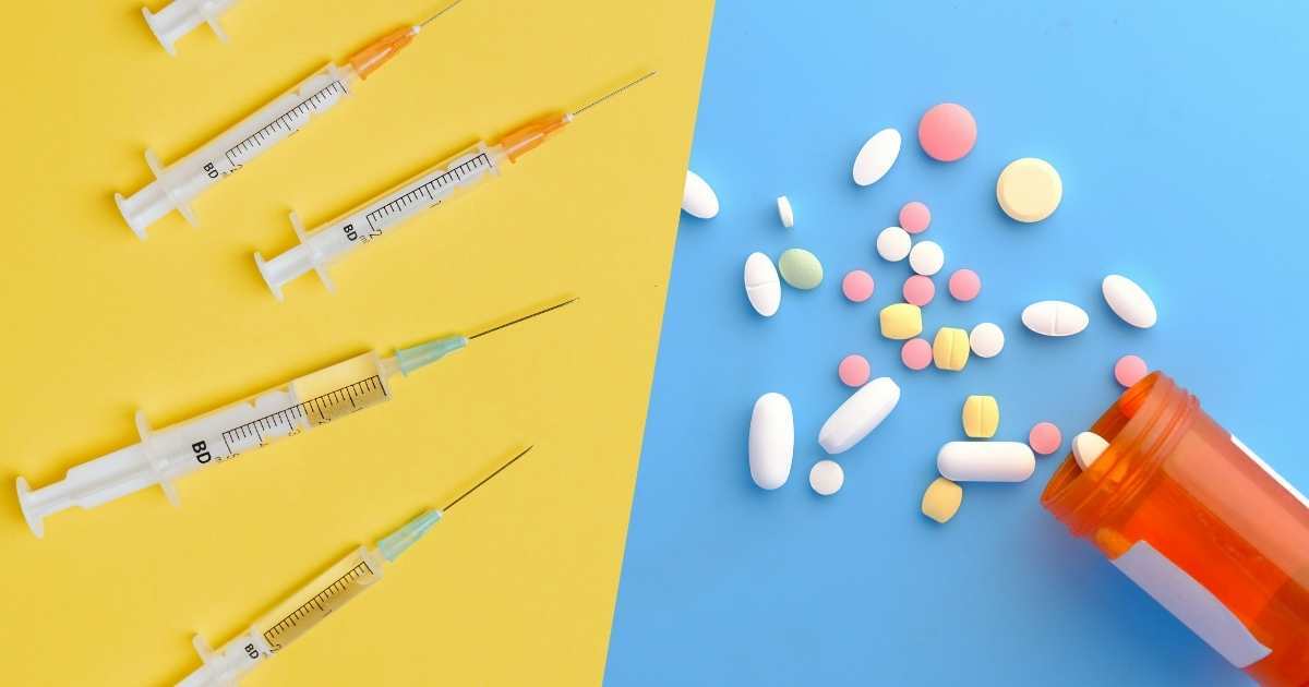 Side by side of syringes on a yellow background and assorted pills on a blue background