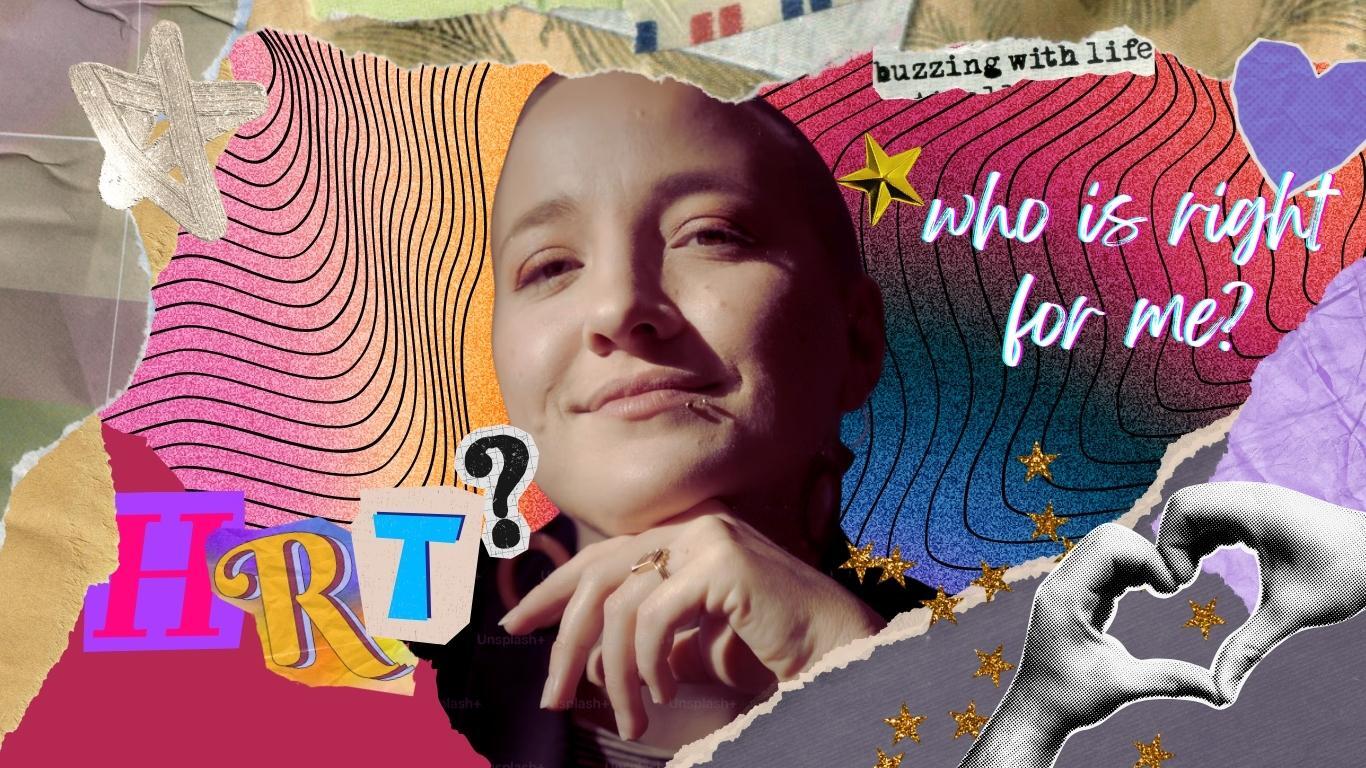 Collage of a happy trans person with the word 