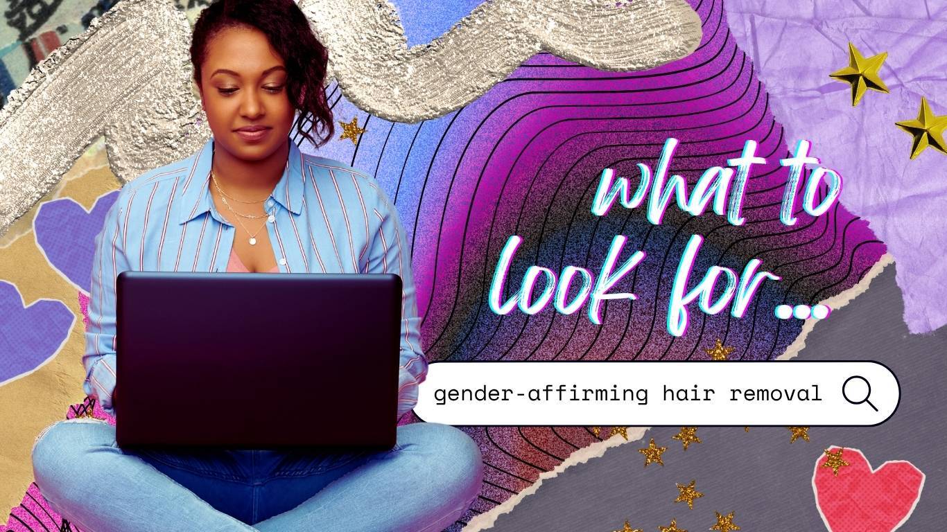 Collage of a Black trans woman on laptop with the words 